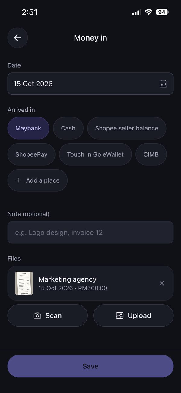 The Fiskal Business Book: adding money in, with a receipt attached