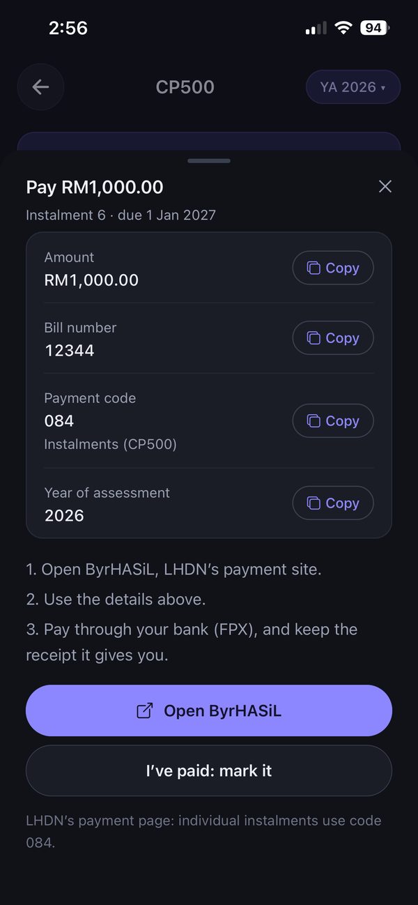 The Fiskal CP500 pay sheet, with copy buttons and “Open ByrHASiL”