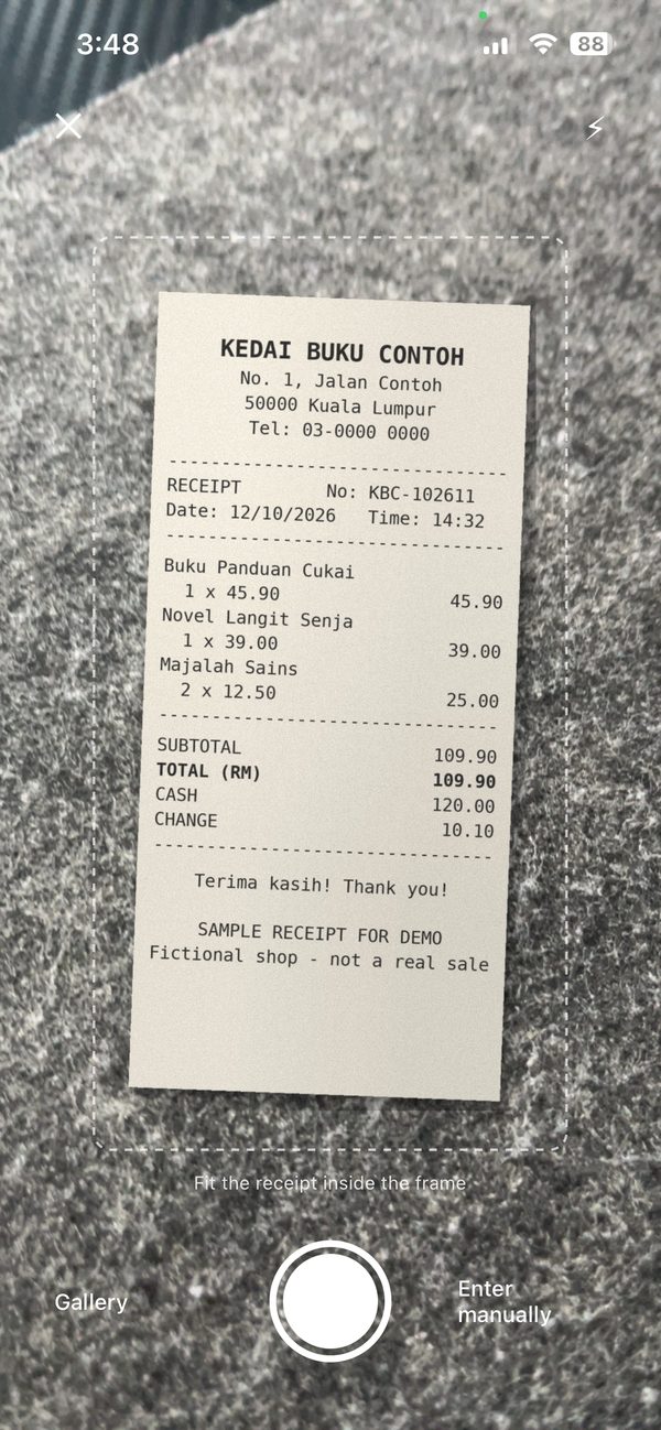 The Fiskal scan camera, with a receipt inside the frame