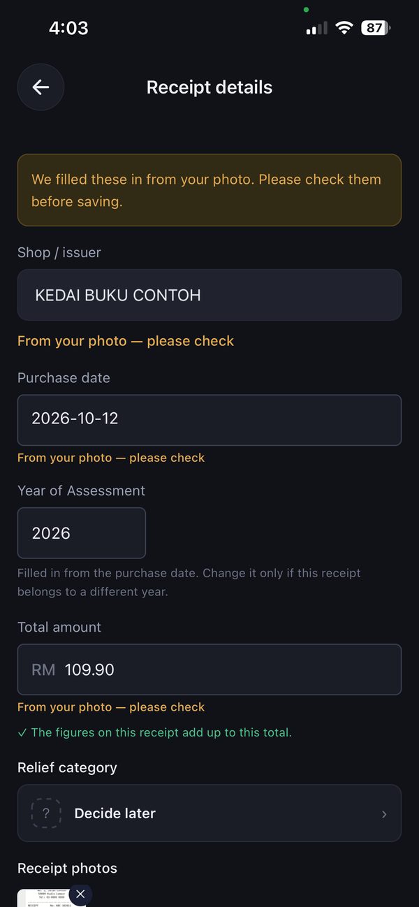 Fiskal’s receipt details, filled in from the photo