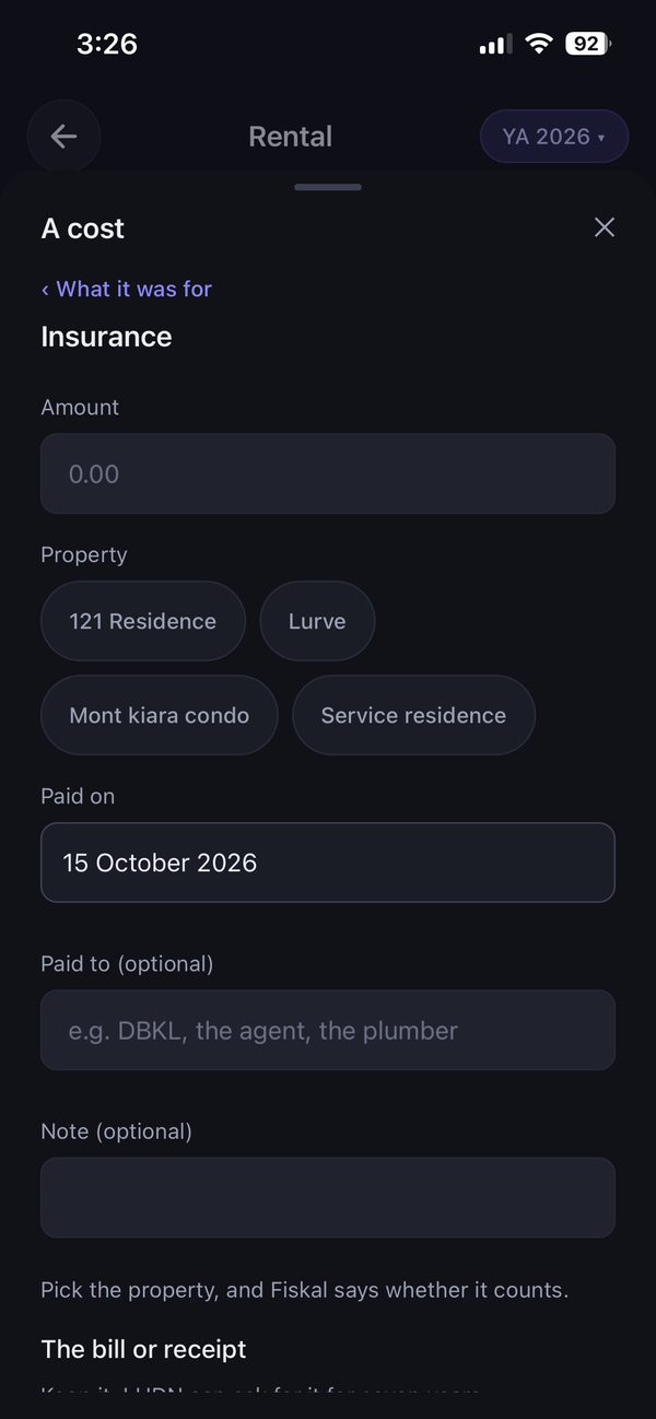 Fiskal Rental: adding a cost for a property