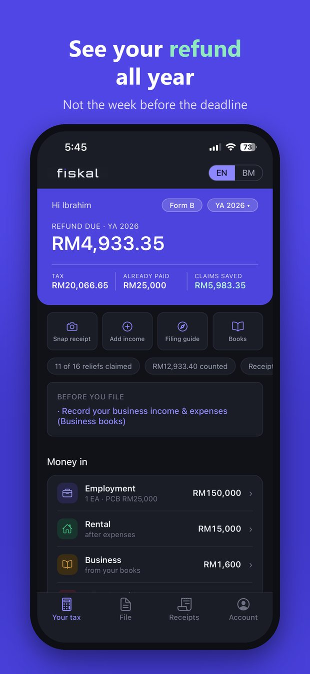Fiskal's Your tax screen showing a refund estimate